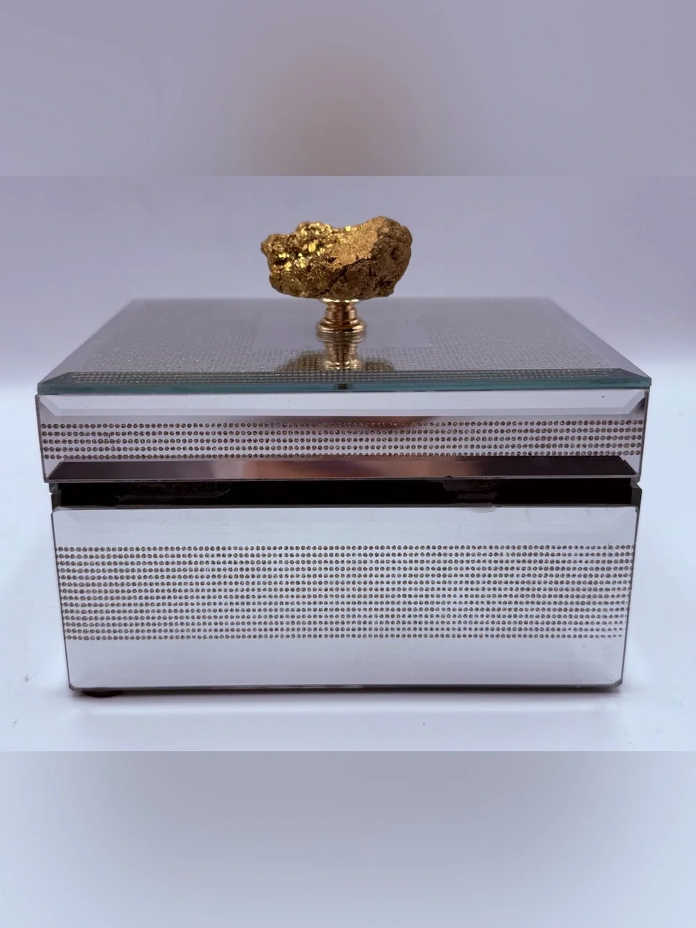 Pier 1 Mirrored Jewelry Box Velvet Lined with Gold Nugget Shaped Finial